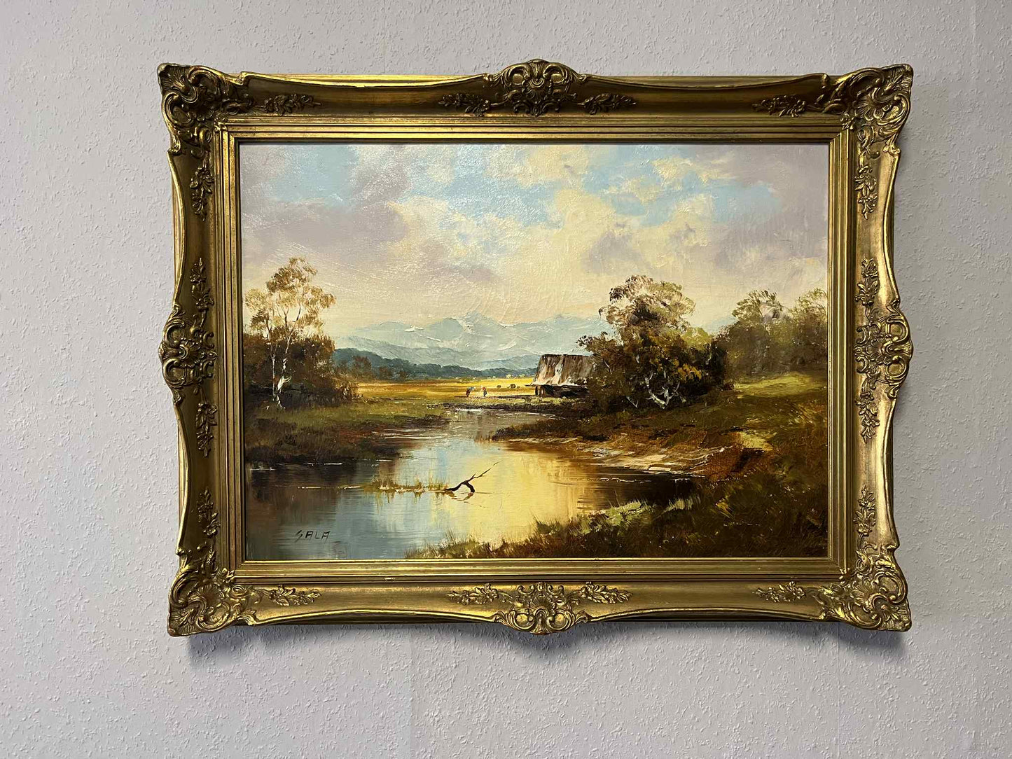 Landschaft am Fluss – Öl auf Leinwand, Barockrahmen