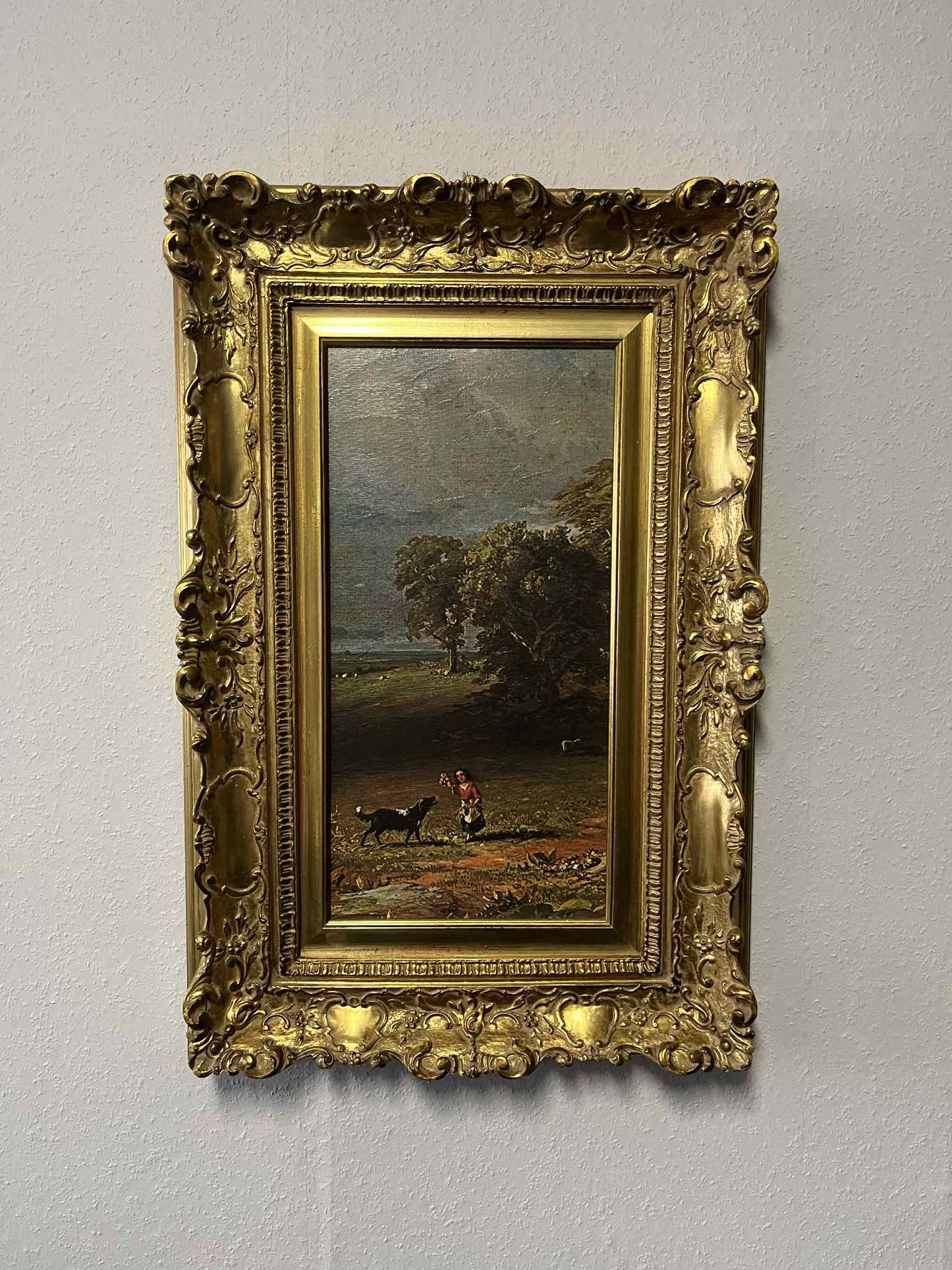 Ländliche Szene mit Frau und Hund – Öl auf Leinwand, Barockrahmen