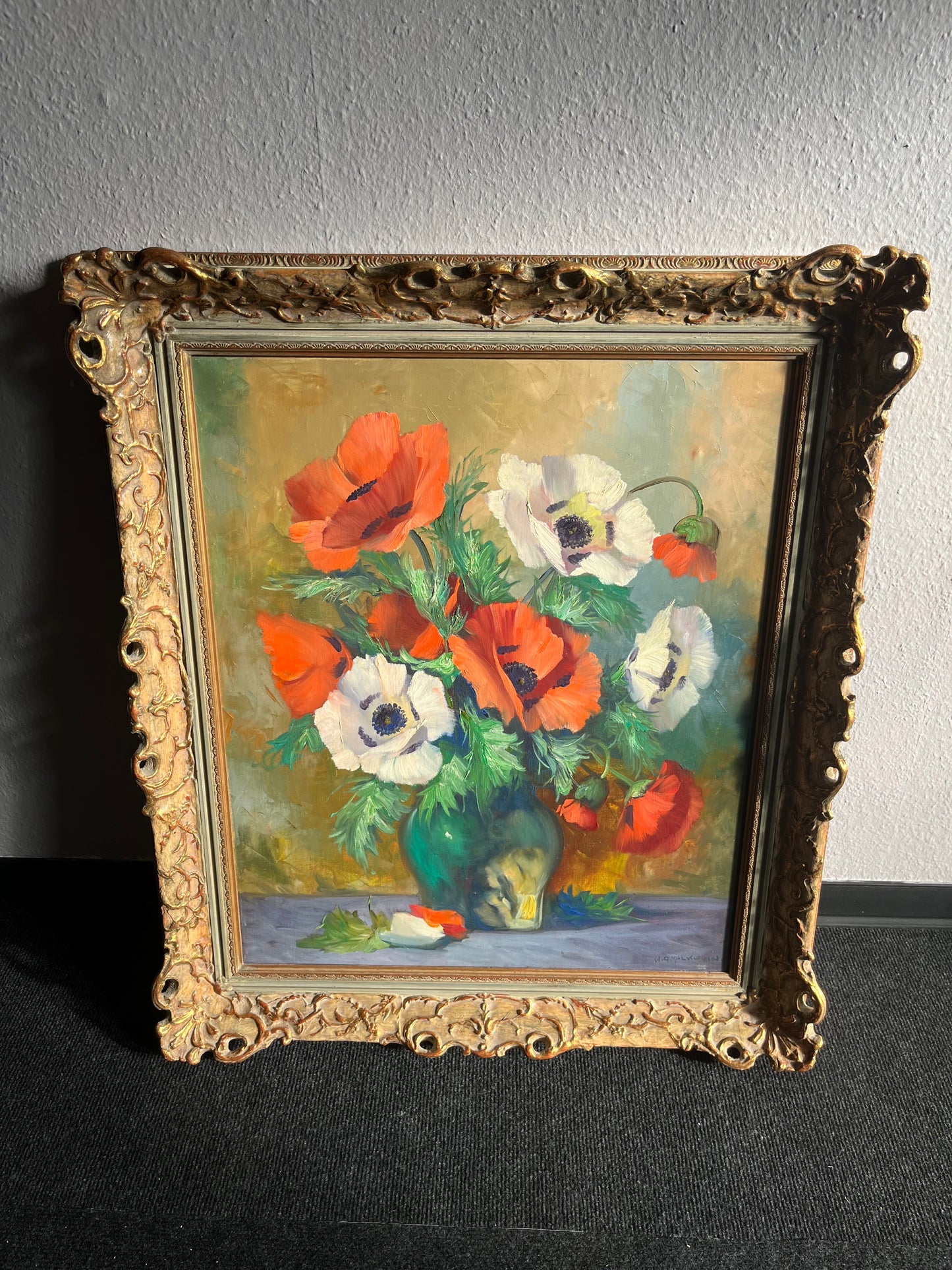 Stillleben mit Mohnblumen – Öl auf Leinwand, Barockrahmen