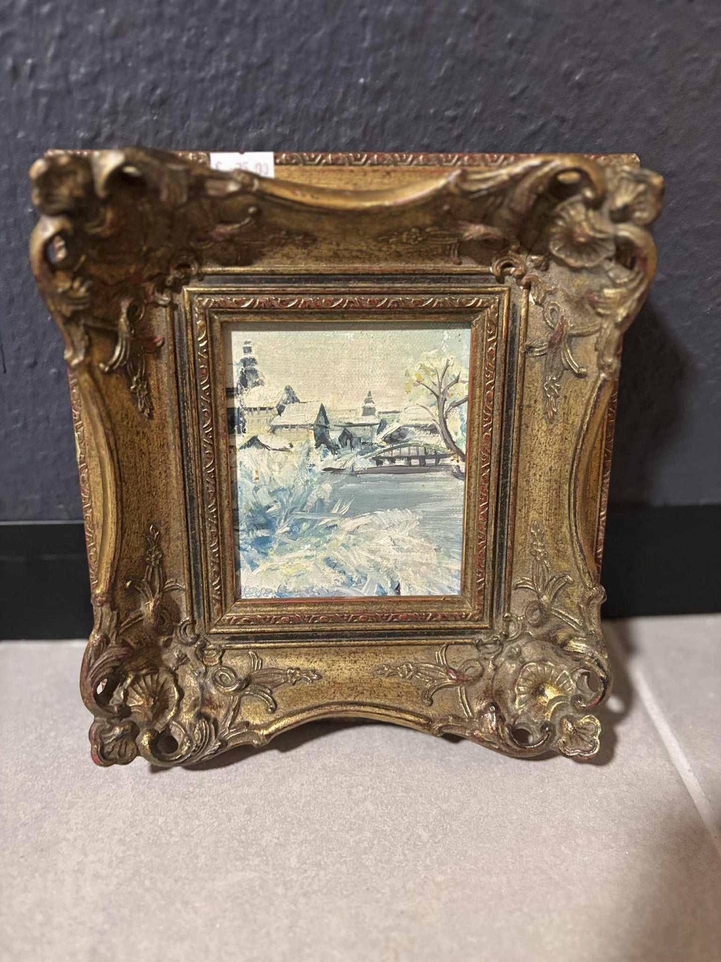 Winterlandschaft mit Dorfhäusern – Öl auf Leinwand, Barockrahmen