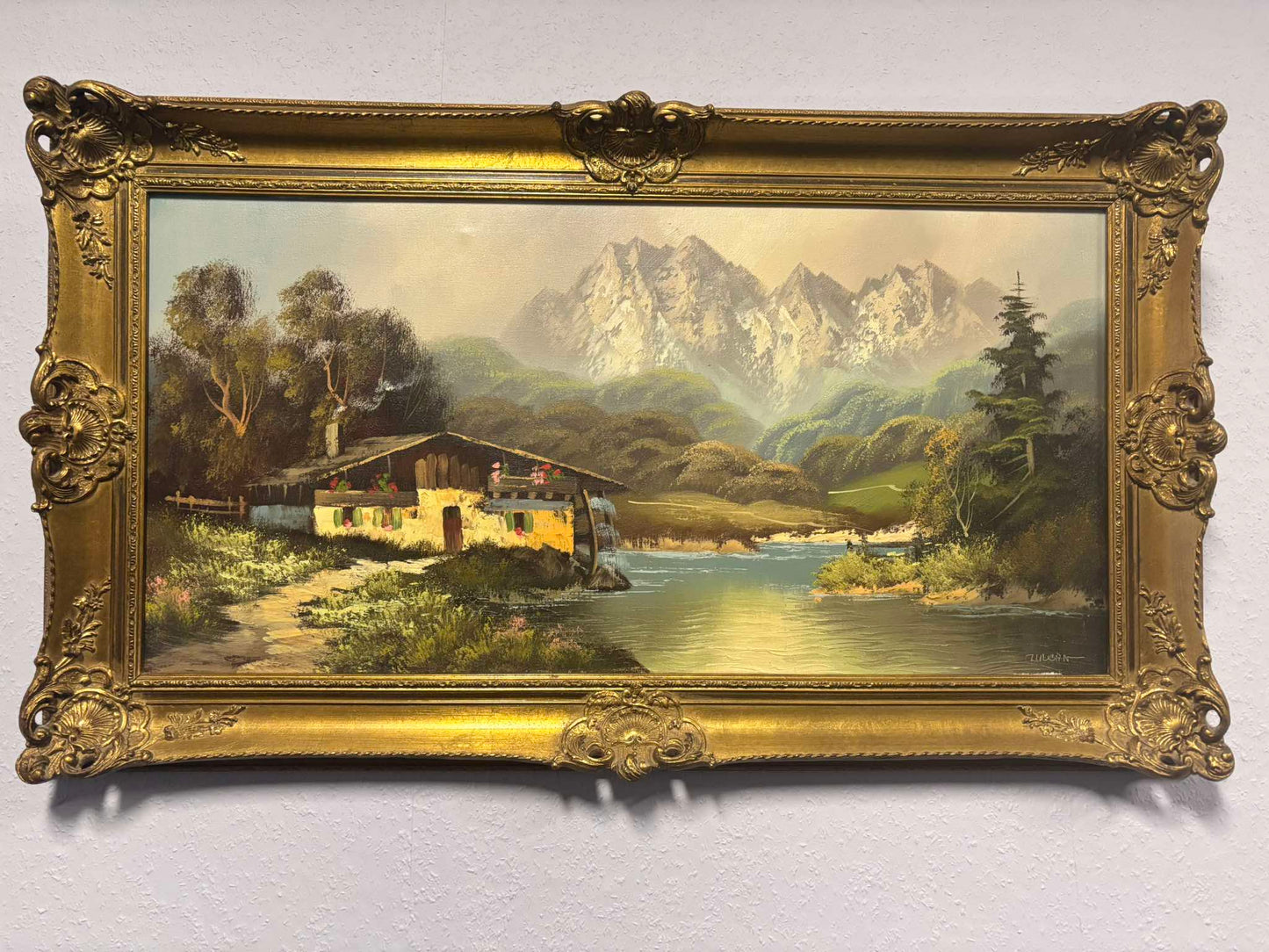 Alpenlandschaft mit Haus am See – Öl auf Leinwand, Barockrahmen