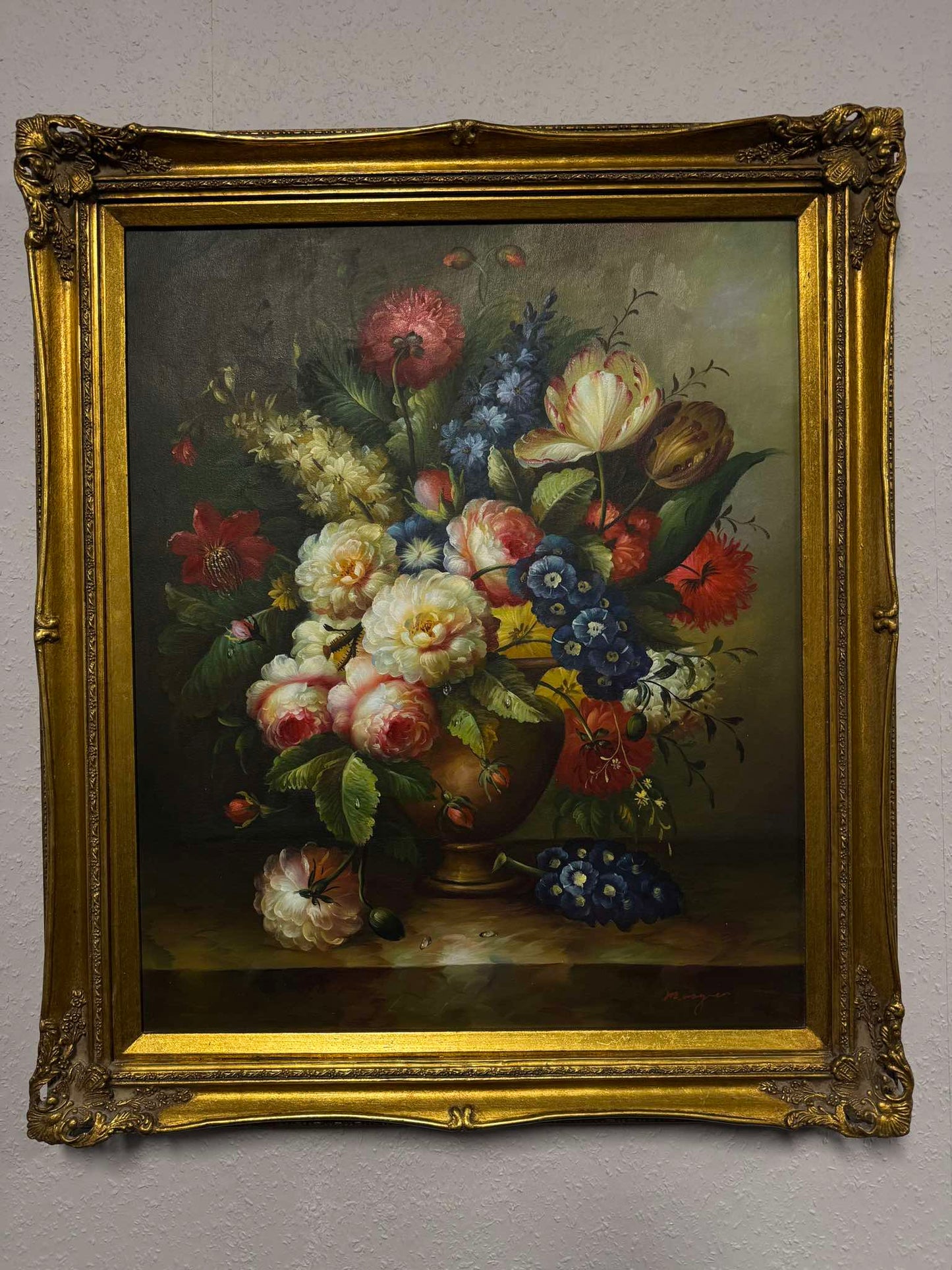 Stillleben mit Blumen in Vase – Öl auf Leinwand, Barockrahmen