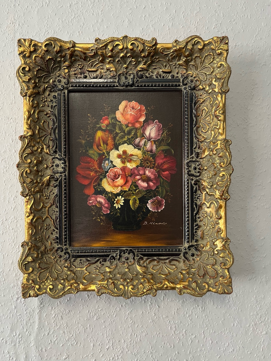 Stillleben mit Blumenstrauß – Öl auf Leinwand, Barockrahmen