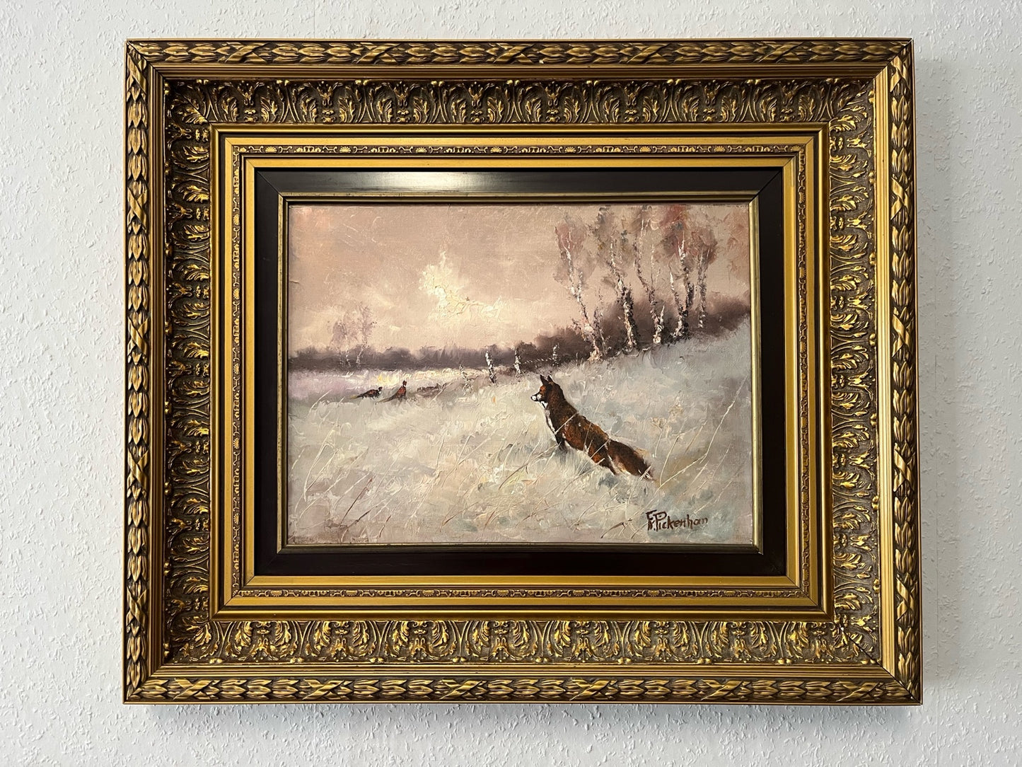 Winterlandschaft mit Fuchs – Öl auf Leinwand, Goldrahmen