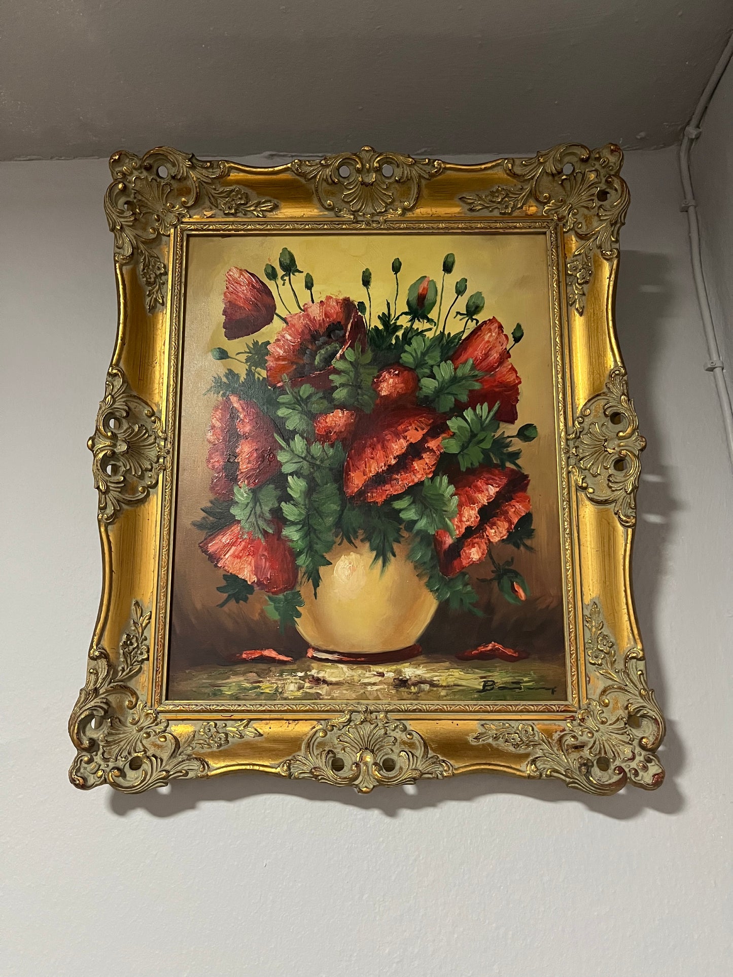 Stillleben mit Mohnblumen – Öl auf Leinwand, Barockrahmen