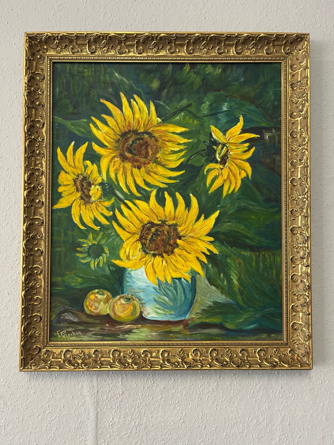 Stillleben mit Sonnenblumen – Öl auf Leinwand, Goldrahmen