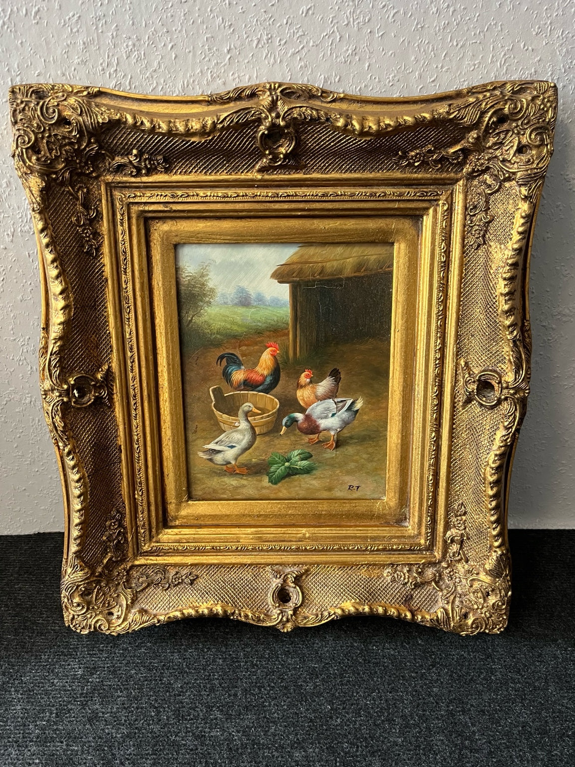Bauernhofszene mit Hühnern und Enten – Öl auf Leinwand, Barockrahmen