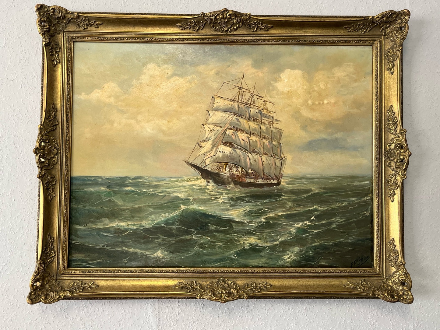 Segelschiff auf offener See – Öl auf Leinwand, Barockrahmen