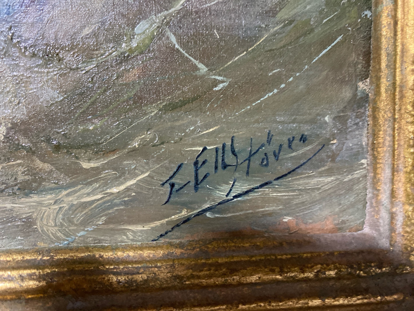 Großes signiertes Ölgemälde – Seevögel über stürmischer See – vergoldeter Rahmen