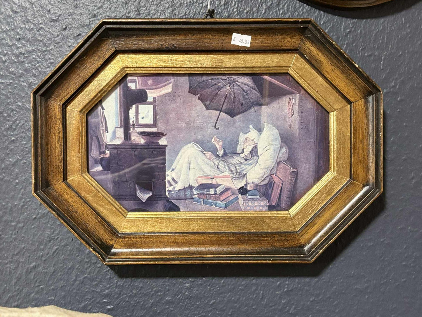 Lesender Mann im Zimmer – Gemälde auf Platte, Holzrahmen