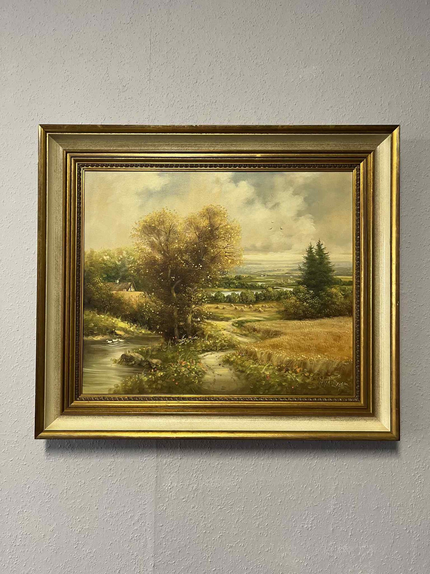 Sommerlandschaft mit Fluss – Öl auf Leinwand, Goldrahmen