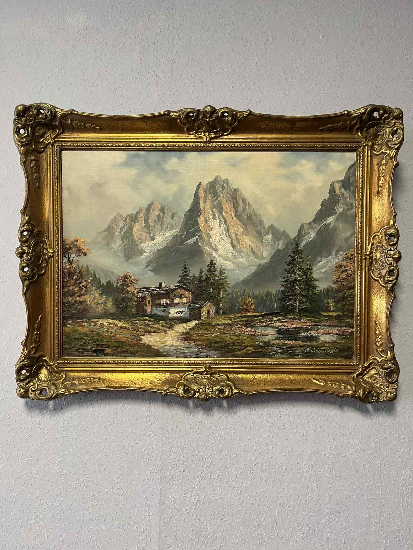 Alpenlandschaft mit Berghütte – Öl auf Leinwand, Barockrahmen