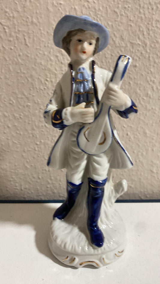 Porzellanfigur Herr mit Laute – Musikmotiv, blau-weiß, Vintage