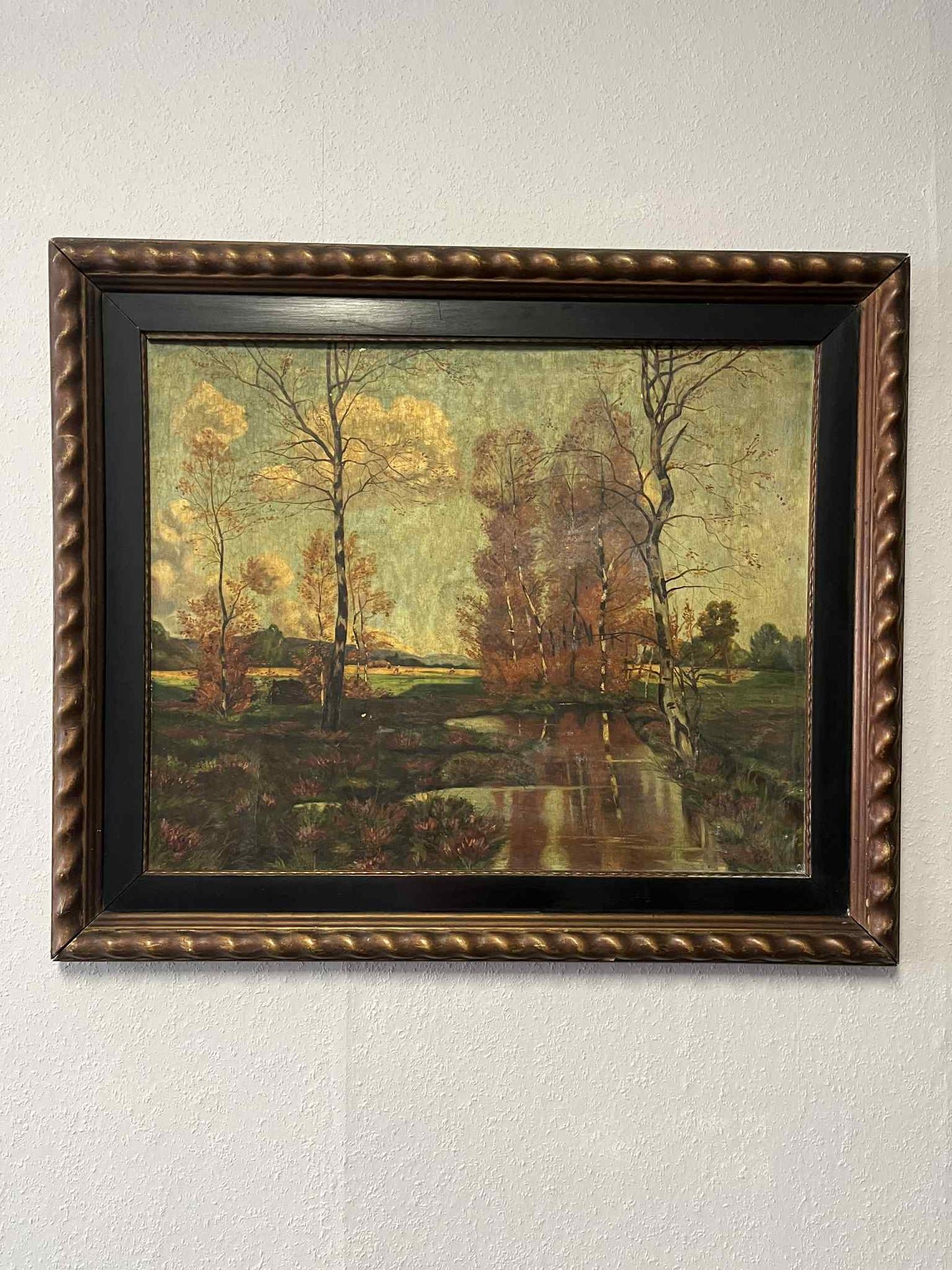 Herbstlandschaft mit Fluss – Öl auf Leinwand, Holzrahmen