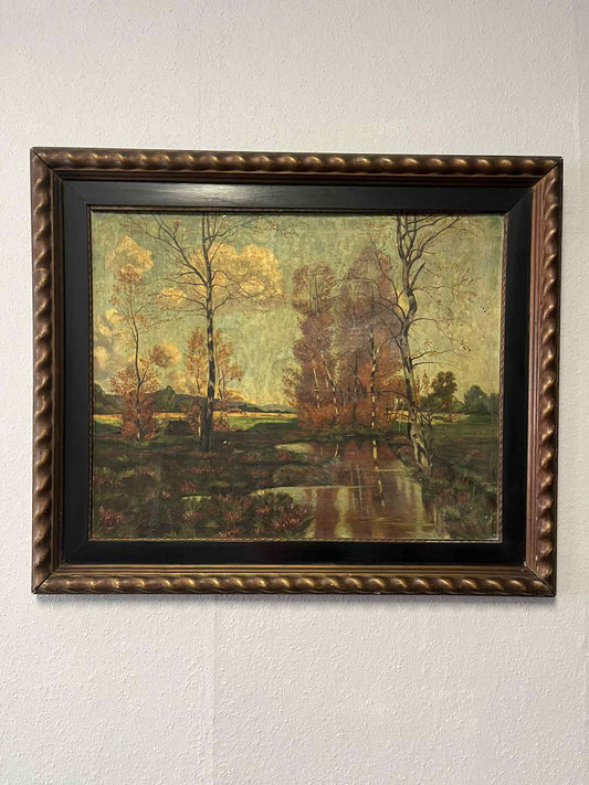 Herbstlandschaft mit Fluss – Öl auf Leinwand, Holzrahmen