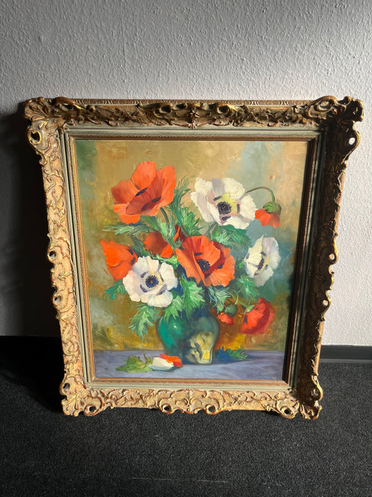 Stillleben mit Mohnblumen – Öl auf Leinwand, Barockrahmen