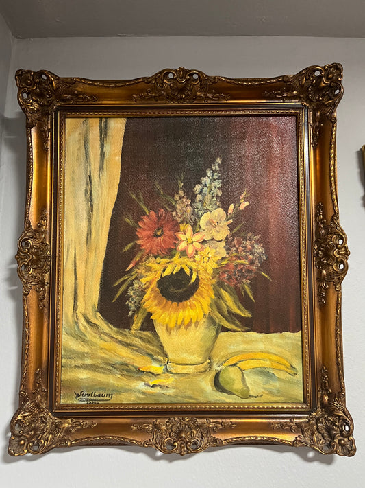 Stillleben mit Sonnenblumen – Öl auf Leinwand, Barockrahmen