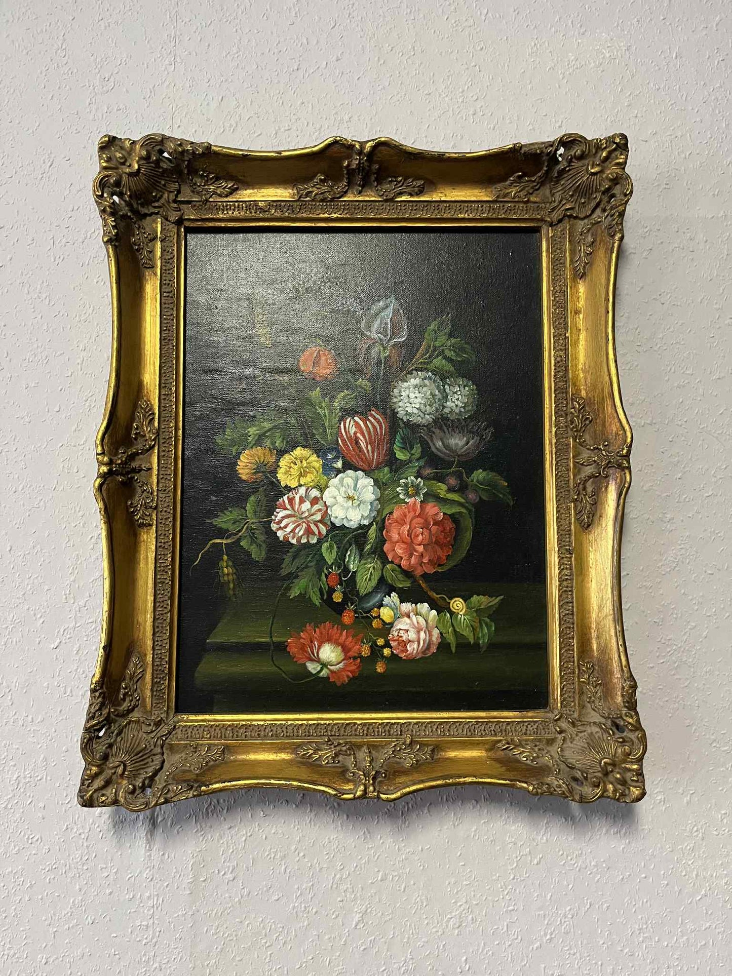 Stillleben mit Blumenstrauß – Öl auf Leinwand, Barockrahmen