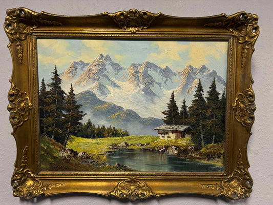 Alpenlandschaft mit Hütte am See – Öl auf Leinwand, Barockrahmen