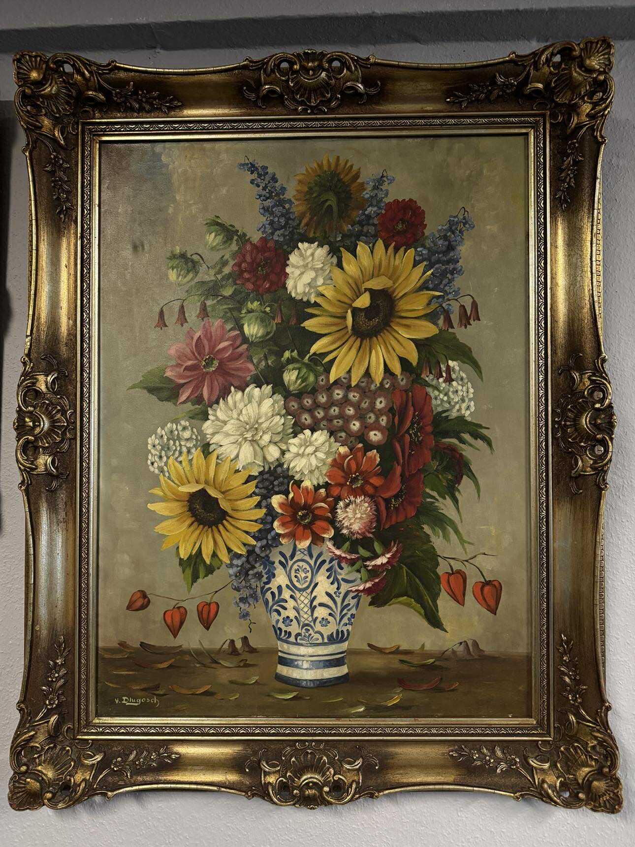 Stillleben mit Sommerblumen – Öl auf Leinwand, Barockrahmen