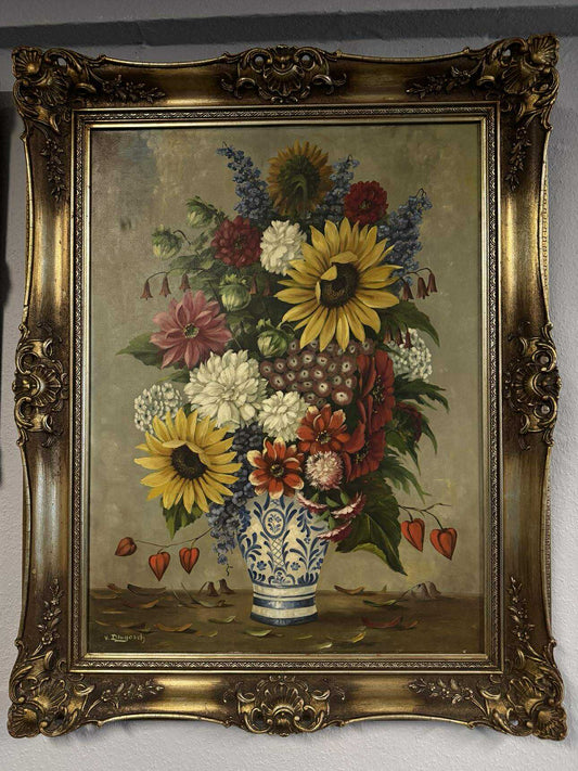 Stillleben mit Sommerblumen – Öl auf Leinwand, Barockrahmen