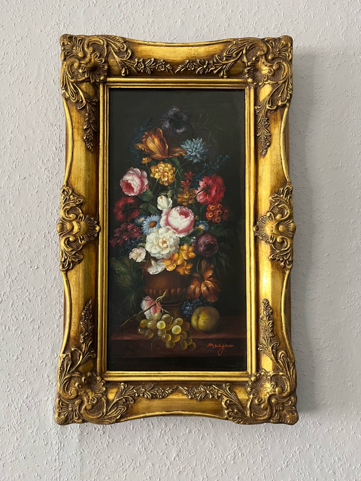 Stillleben mit Blumen und Früchten – Öl auf Leinwand, Barockrahmen