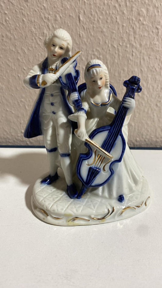 Porzellanfigur Musikantenpaar – Geige & Cello, blau-weiß mit Gold, Vintage
