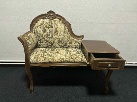 Antike Telefonbank mit Schublade – Holz & Gobelin, 20. Jh.