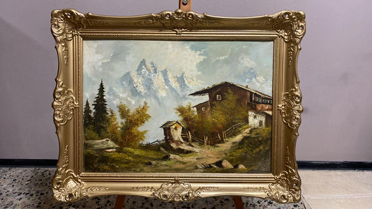 Große Alpenlandschaft mit Bauernhof – Öl auf Leinwand im Prunkrahmen