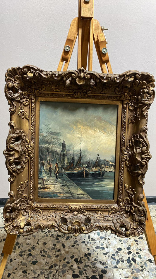 Hafenansicht mit Segelbooten – Ölmalerei im reich verzierten Goldrahmen