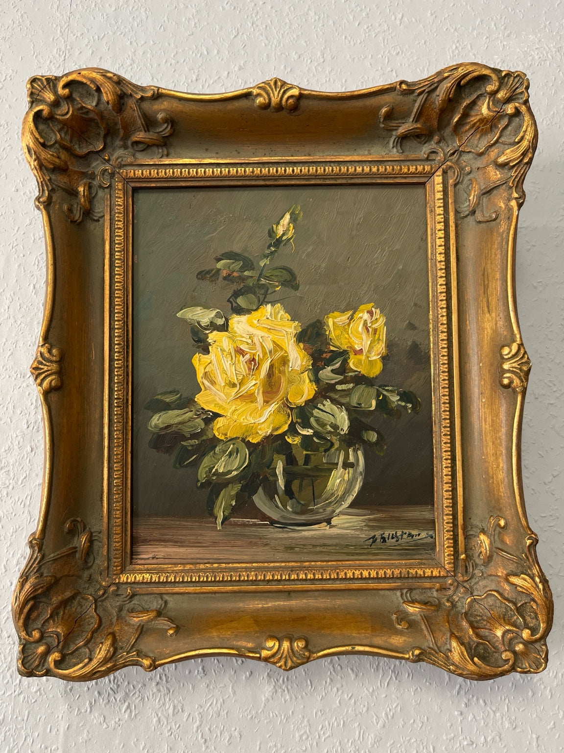 Stillleben mit gelben Rosen – Öl auf Leinwand, Barockrahmen