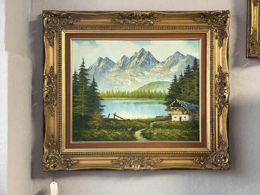 Alpenlandschaft mit Hütte am See – Öl auf Leinwand, Barockrahmen