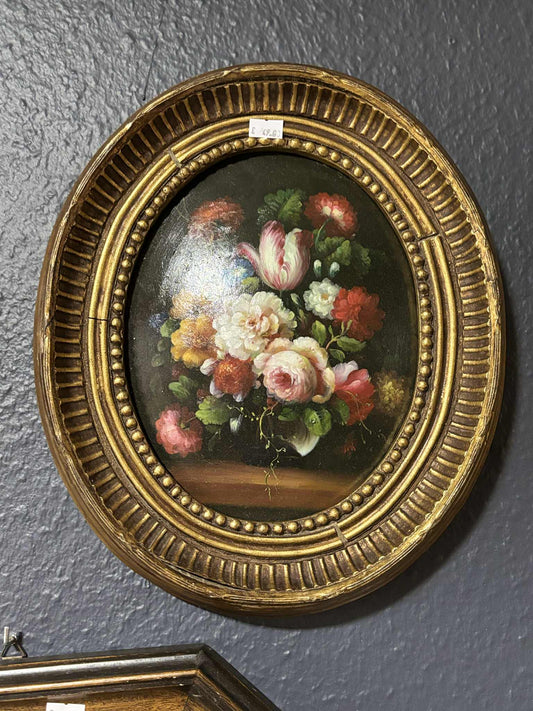 Stillleben mit Blumenstrauß – Öl auf Platte, Ovalrahmen