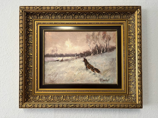 Winterlandschaft mit Fuchs – Öl auf Leinwand, Goldrahmen