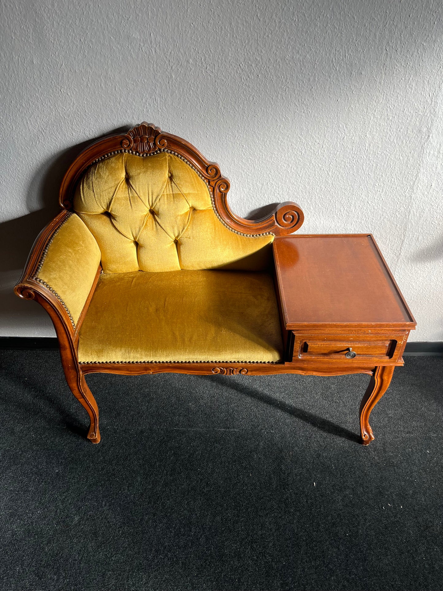 Antiker Telefonstuhl / Telefonbank mit Ablage und Schublade