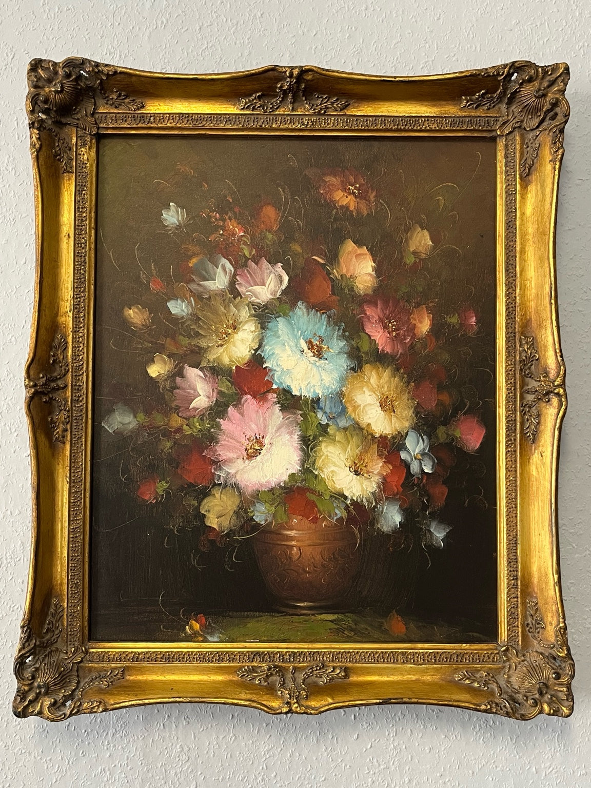 Stillleben mit Blumenstrauß – Öl auf Leinwand, Barockrahmen