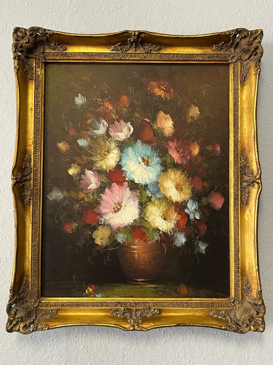 Stillleben mit Blumenstrauß – Öl auf Leinwand, Barockrahmen