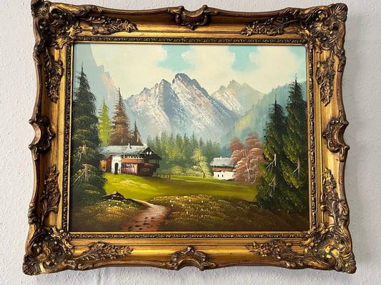 Alpenlandschaft mit Berghäusern – Öl auf Leinwand, Barockrahmen