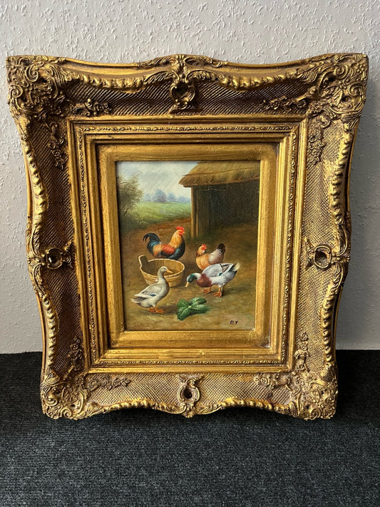 Bauernhofszene mit Hühnern und Enten – Öl auf Leinwand, Barockrahmen