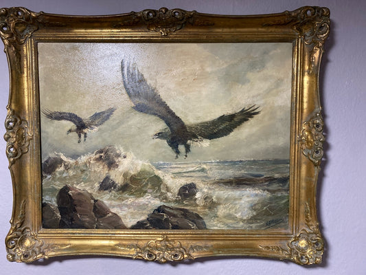 Großes signiertes Ölgemälde – Seevögel über stürmischer See – vergoldeter Rahmen