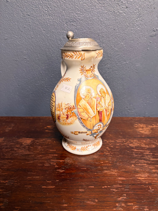 Keramik Bierkrug mit Zinndeckel – dekorativ