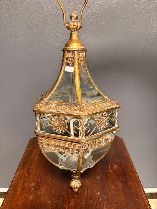 Antike Hängelaterne aus Messing und Glas