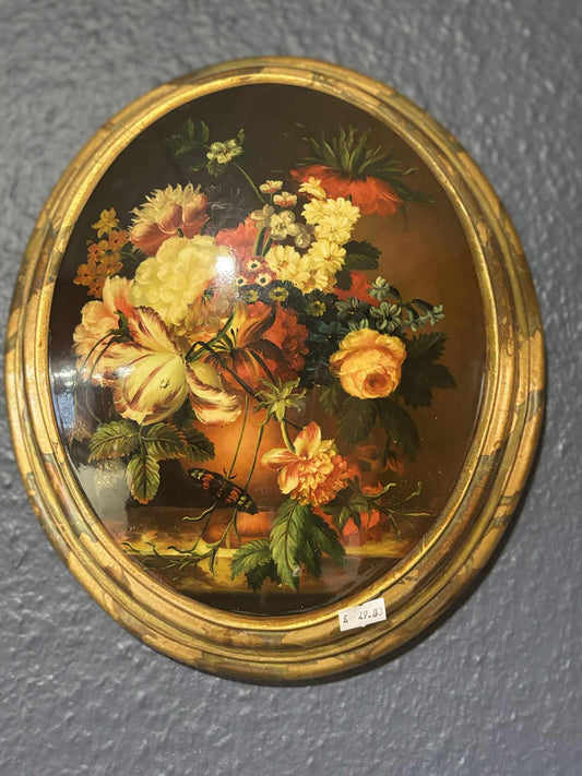 Blumenbild im Ovalrahmen – Bild auf Platte, Barockstil