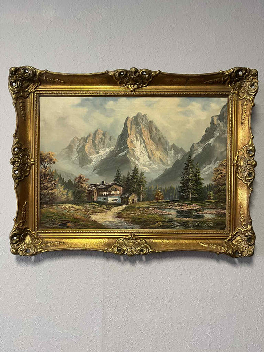 Alpenlandschaft mit Berghütte – Öl auf Leinwand, Barockrahmen